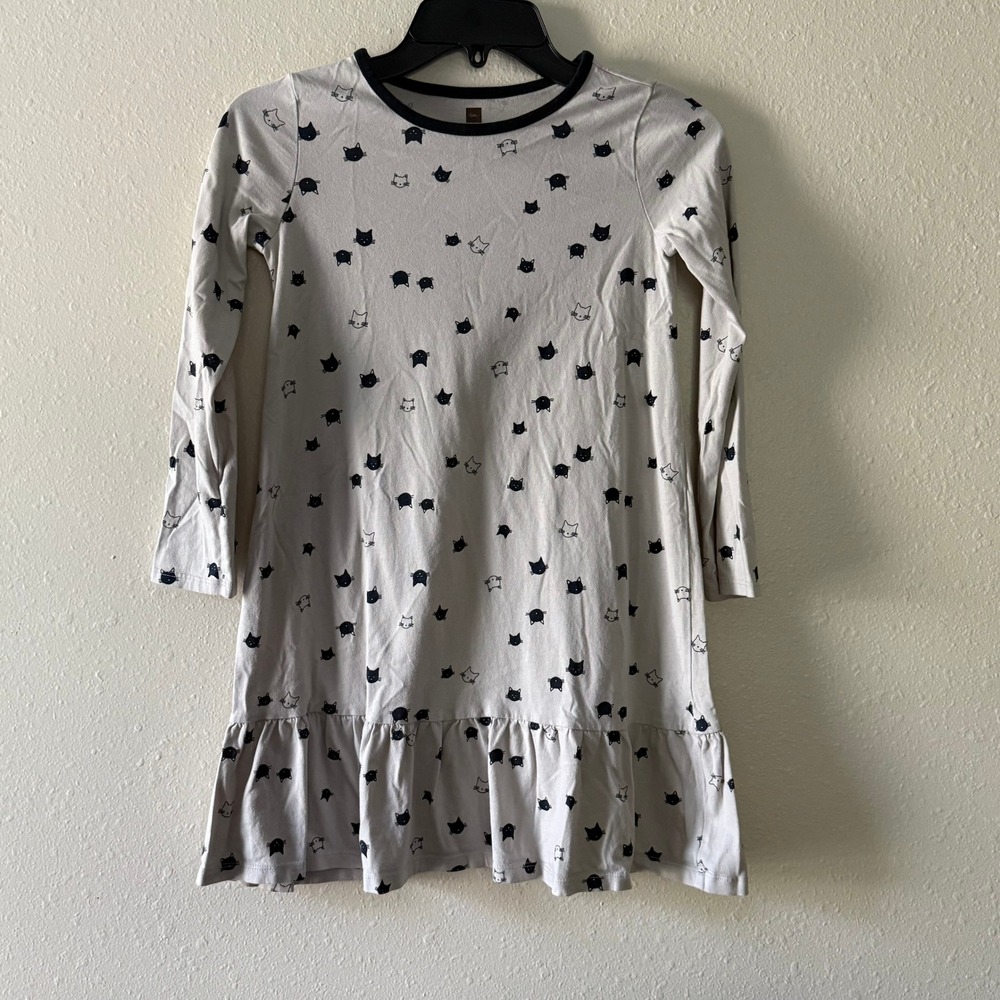 Tea Collection Girls Cream Black Cat Print Long Sleeve Ruffle Hem Dress Size 12